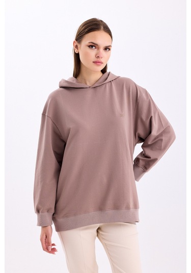 Pastelastore Pamuklu Kapüşonlu 2 İplik Baharlık Oversize Sweatshirt Vizon