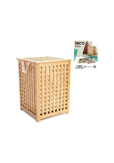 Ahşap Bambu Kirli Çamaşır Sepet Kumaş Çantalı Sepet 45x45x62cm 5250 Çok Renkli