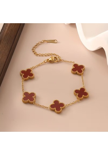 Çelik Bileklik Dört Yapraklı Küçük Yonca Bordo Sedef Taşlı Uzunluk 18 Cm Gold Altın - Gold