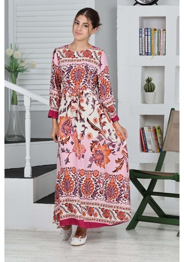 Kız Çocuk Viskon Kumaş Desenli Uzun Elbise Fuşya