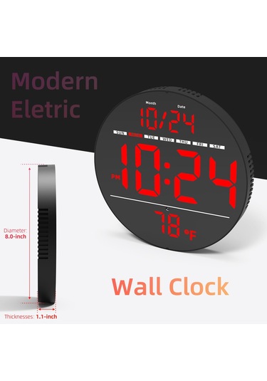 Llr083 20 Cm Çaplı Çok İşlevli Led Dijital Duvar Saati, Sıcaklık, Tarih, Hafta Göstergeli - Kırmızı Kırmızı