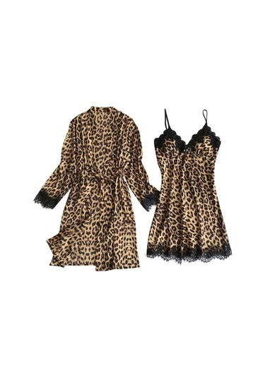 Flybuy Kadın İpek Pijama Takımı Saten V Yaka, Rahat Uzun Kollu, Soğuk Geçirmez Kahverengi