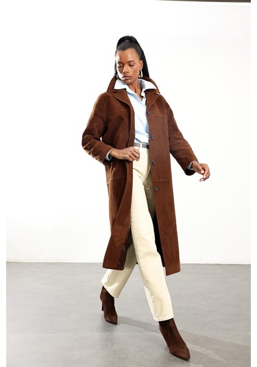 Kahverengi Nubuk Midi Palto Kahverengi