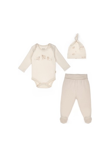 Bebek 3 Lü Takım Pantolon, Uzun Kol T-shirt, Şapka , Bebek Ve Yenidoğan Serisi - Csy8188 Ekru