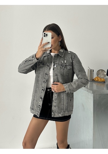 Blue Marlin Kadın Kar Siyah Lazer Yirtik Detayli Boyfriend Kot Ceket Gri