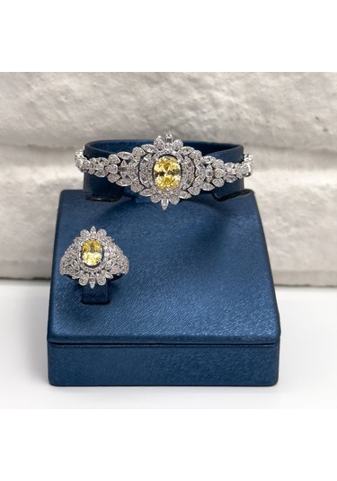 Pırlanta Montür Sitrin Taşlı 4'lü Gümüş Set Takım Gümüş