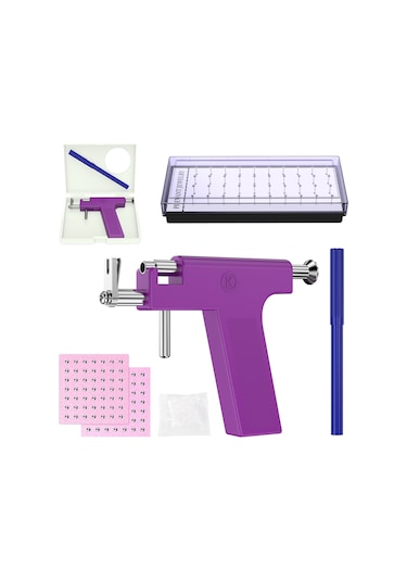 Qingmipy Profesyonel Kulak Delme Seti Mor - Güvenli Ve Kolay Kullanım, 1 Kulak Delme Aleti + Ayna Kutusu + İşaret Kalemi + 138 Adet Pırlanta Ve Silikon Tıkamaçlar