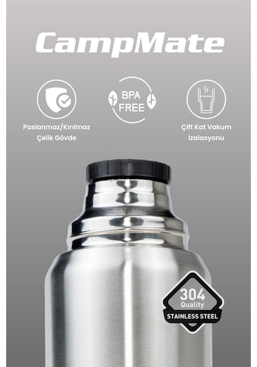 Cooker 1 Litre Çift Katlı Çelik Termos - 24 Saat Sıcak 48 Saat Soğuk Kamp, Outdoor, Piknik, Ofis, Otel, Kafe, Okul, Seyahat Çelik