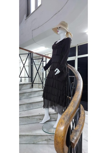 Italyan 2 Beden İnce Gösteren Kat Kat Uzun Kol Taşlanmış İpek Elbise Koyu Kahve