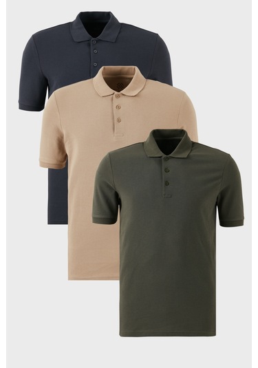 Buratti Pamuklu Regular Fit Düğmeli Polo Yaka 3'Lü Paket Erkek T Shirt 5902127S3 Antrasit-Haki-Vizon