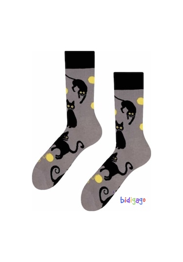 Bidigago Kara Kedi Sarı Yumak Desenli Unisex Çorap Renkli