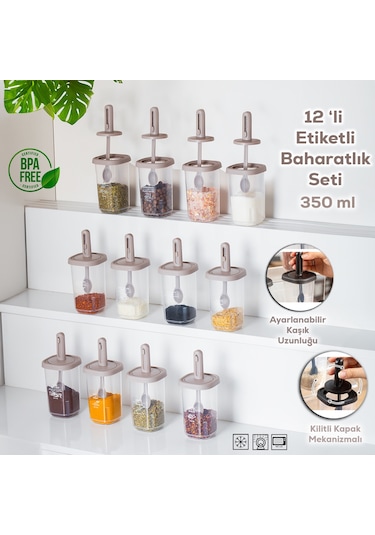 Porsima 1100 Kaydırmalı Kaşıklı Baharatlık Seti 12'li Şeffaf - Cappucino