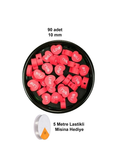 90 Adet 10 Mm Polimer Kil Fimo Boncuk Takı Bileklik + 5 Metre Lastikli Misina Hediye - Kalp Love
