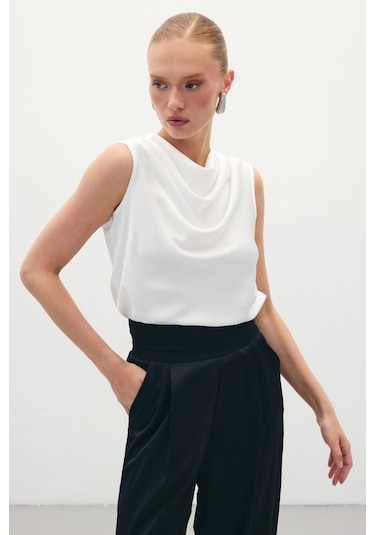Sateen Degaje Yaka Saten Bluz - Ekru-136072 Ekru