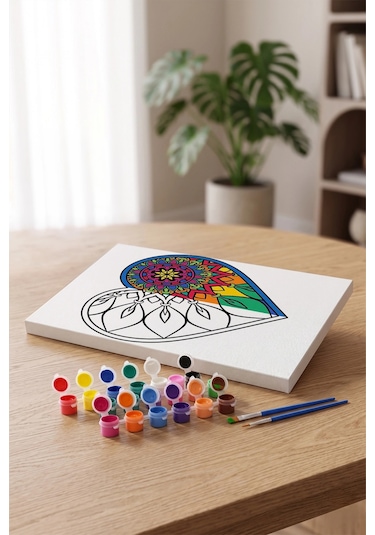 Yapraklı Kalp Desenli Mandala Ahşap Boyama Seti 40x50 Cm
