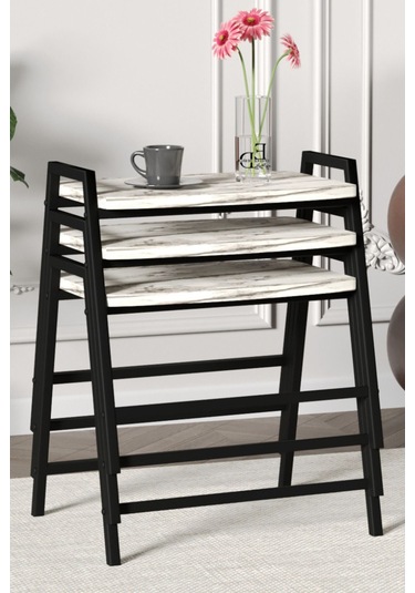 Zigon Sehpa , Aden 3'lü Tepsi Zigon Sehpa Takımı Siyah Metal - Beyaz Mermer Tabla Siyah-beyaz Mermer