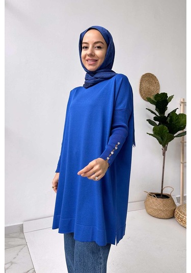 Kol Detay Merserize Tunik - Saks Mavi Saks
