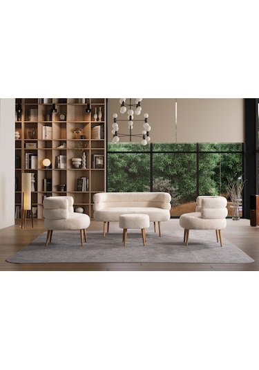 Barel Özel Tasarım Çay Seti Koltuk Takımı,berjer Ve Puf Ofis Balkon Cafe Bahçe Salon Mobilyası 4 Lü Takım Krem Krem