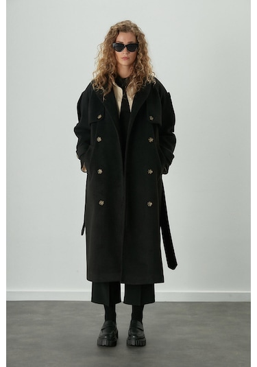 Manuka Premıum Kemerli Trench Kaban Siyah