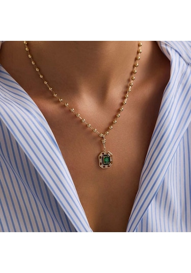 Sembolgold 14 Ayar Özel Tasarım Yeşil Taşlı Kolye Ball Chain T14386 Renkli