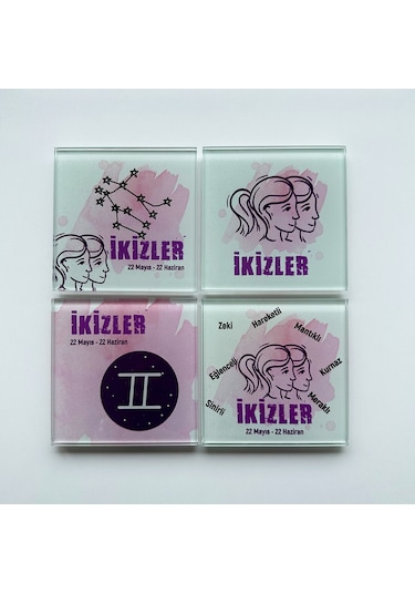 Decorita Cam Bardak Altlığı Burçlar - İkizler Burcu 4'lü Takım 10 CM Çok Renkli