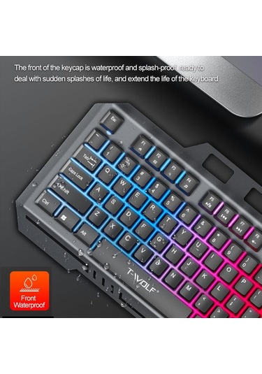 T-wolf Tf600 104 Tuşlu Kablolu Arkadan Aydınlatmalı Klavye Ve Fare Seti, Metal Panel Ve Telefon Standı İle Siyah Optik