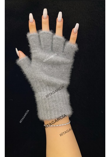 Peluş Kesik Parmak Eldiven Gri