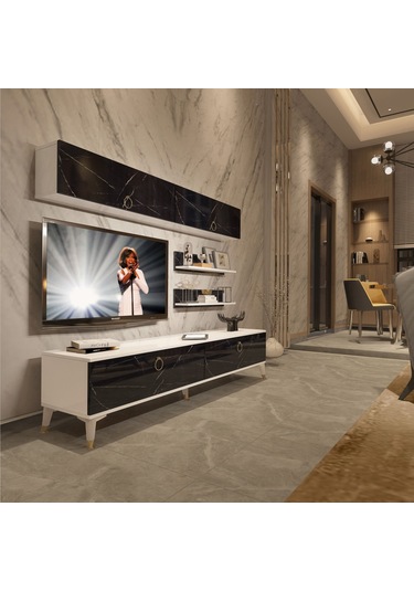 Decoraktiv Eko 5 Mdf Std Gold Tv Ünitesi Tv Sehpası Beyaz - Siyah Mermer