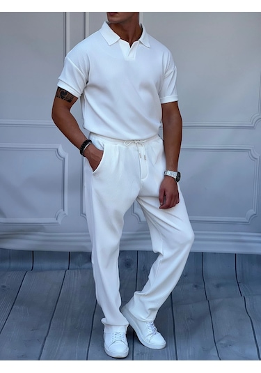 Modefendi Kesik Yaka Kalın Fitil Tshirt'lü Alt Üst Takım Beyaz