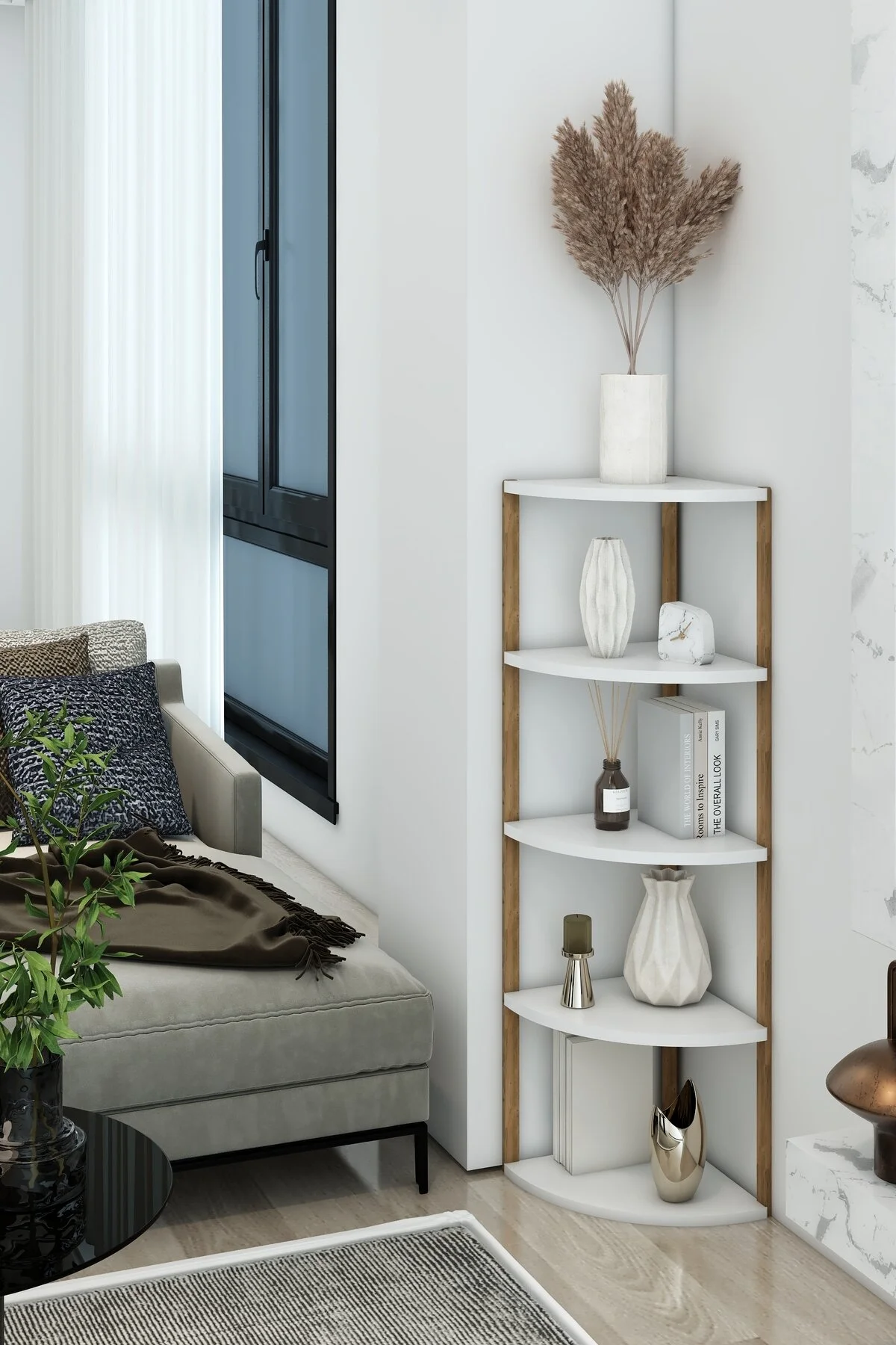 Zümrüt 5 Katlı Üçgen Ahşap Çok Amaçlı Sehpa / Saksılık-çiçeklik / Dekoratif Raf Beyaz