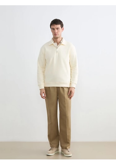 Lc Waikiki Ekru Fermuarlı Polo Yaka Erkek Sweatshirt