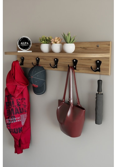 Alpa Ev Mobilya 5 Askılı Raflı Portmanto, Elbise Askılığı, Modern Duvar Organizer Askılık Atlantik Çam