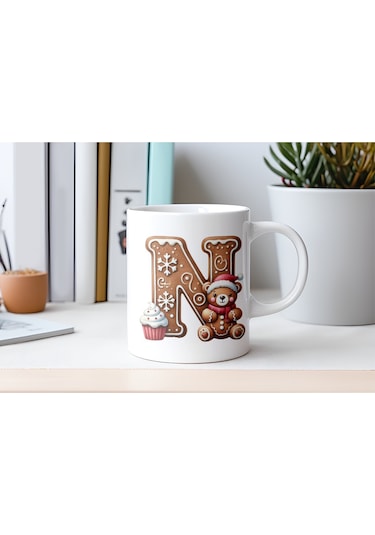 N Kurabiye Harf Ve Ayıcık Detaylı Kupa Bardak - Yeni Yıl / Yılbaşı Temalı Tasarım - Noel Hediye Beyaz