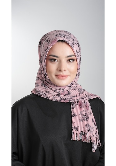 Pudra-Siyah Pratik Hazır Geçmeli Tesettür Eşarp Kesik Elyaf Pilis Çok Renkli