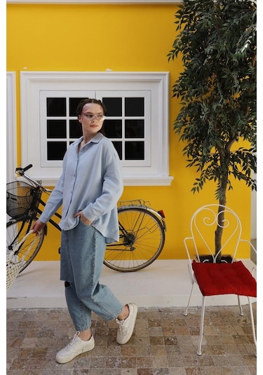 Müslin Uzun Kol Gömlek - Bebe Mavisi Karışık