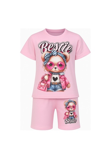 Bestie Siyah Ve Pembe Renk Kız Çocuk Takım - Ayıcık Baskılı Tişört & Şort 2'li Set Pembe