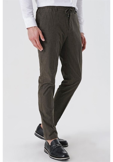 Koyu Vizon Çizgili Armürlü % 100 Pamuk Yan Cep Slim Fit Dar Kesim Casual Pantolon 1003230159-koyu Vizon Koyu Vizon