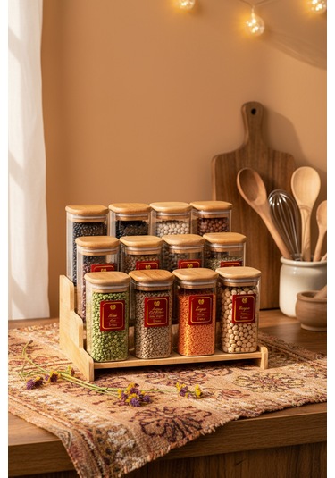 Snippy Lunver - 12'li Ahşap Standlı Vakumlu Etiketli Akrilik Saklama Kabı Baharatlık Seti 350 Ml Ahşap