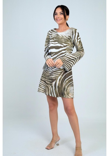 Kadın Yuvarlak Yaka Zebra Desenli İspanyol Kol Astarlı Kısa Elbise-41785 Haki