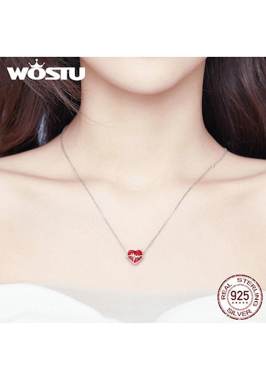 Wostu 925 Ayar Gümüş Kalp Atışı Kalp Boncuk Kırmızı Emaye Charms Fit Orijinal Bilezik Kalp Charm Gümüş