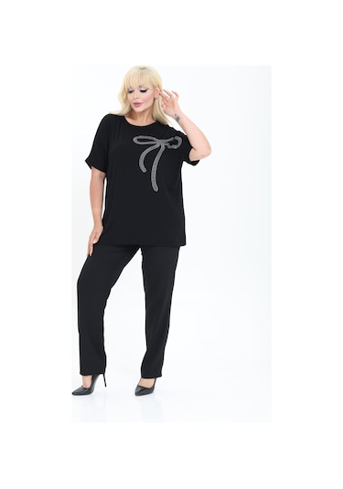 Kurdele Tasarım Taş Detaylı Bambu Yarasa Kol Bluz M-6xl Siyah