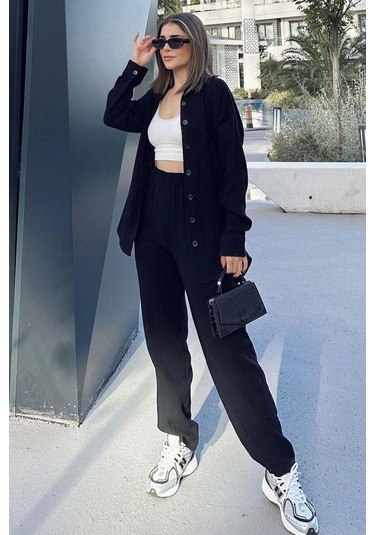 Kadın Siyah Salaş Uzun Gömlek & Beli Lastikli Pantolon - Alt & Üst Müslin Kumaş Takım Siyah