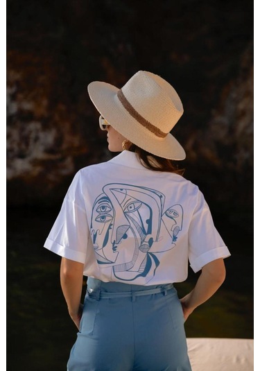 Kadın Soyut Baskılı Kısa Kollu Gömlek Frn6003 Mavi