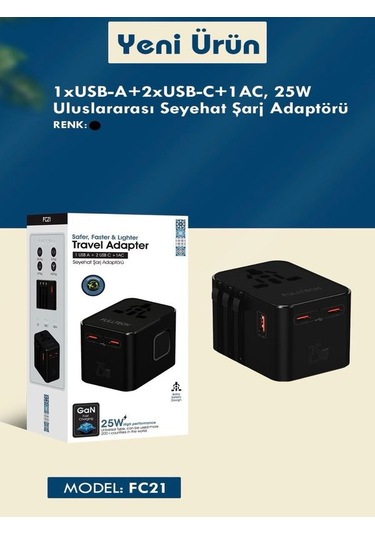 Fc-21 25w Global Seyahat Şarj Aleti - 1 Usb-a, 2 Type-c, 1 Ac Pri