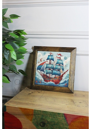 Artavessa Masif Ahşap Çerçeveli Taş Tablo Pano 16 x 16 cm - Gemi