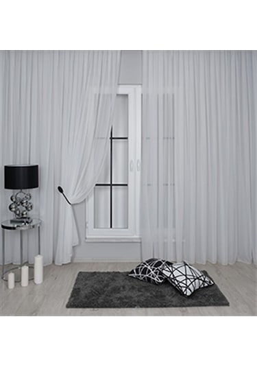 Mikro İpek Vual Pilesiz Düz Tül Perde Ekru Beyaz