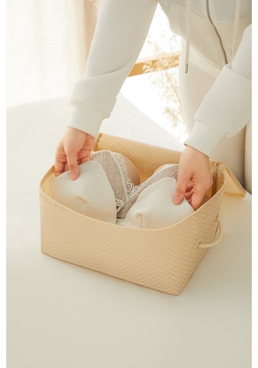 Ocean Home Textile 3'lü Küçük Boy Bej Balıksırtı Hurç Set 30 x 22 x 18 cm