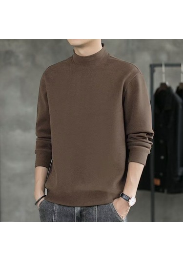 Erkek Sonbahar/kış Polar Kapşonlu Üst Yarı Yüksek Yaka Bol Uzun Kollu Tişört Sıcak Tabanlı Gömlek Erkek Kahverengi