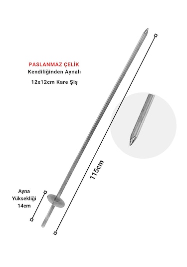 Döner Takma Ve Hazırlama 12x12cm - 115cm Kare Şiş Paslanmaz Çelik - Kendiliğinden Aynalı Döner Şişi Gri - Gümüş