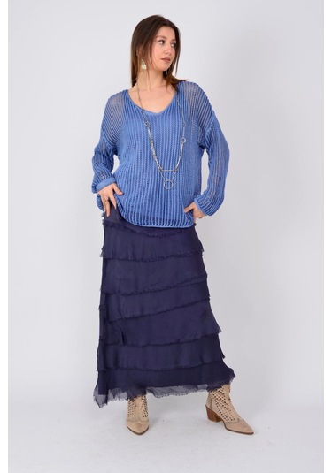 İtalyan 2 Beden Ince Gösteren Kat Kat Ipek Etek & Straplez Elbise Lacivert